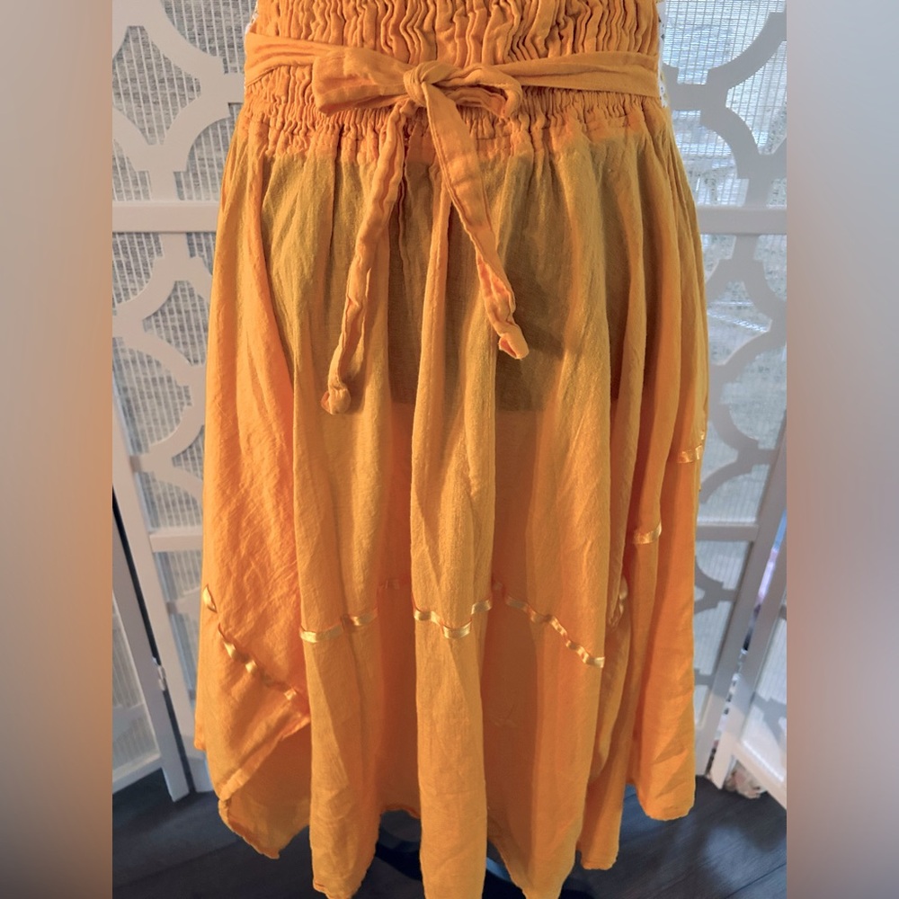 EMBROIDERED SMALL Orange Gold Halter Dress  Floral Boho Cottage Core - Picture 6 of 14